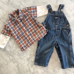 OSHKOSH BABY JEAN OVERALLS 9 MONTHS BLUE & SHIRT